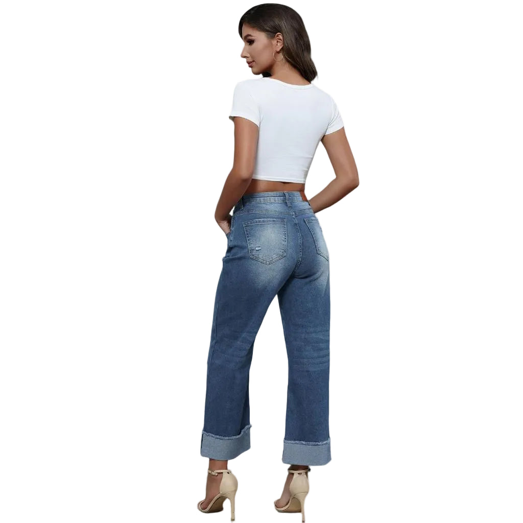 SZ XL, Genleck Wide Leg Cropped Jeans, High Waisted Crossover Boyfriend , Denim Blue