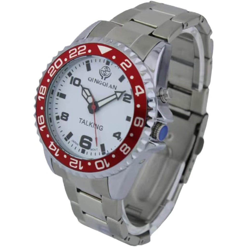 English Talking Watch Applicable to The Middle-Aged, The Elderly and The Visually impaired Rotating Silver Stainless Steel Band, Men's Style