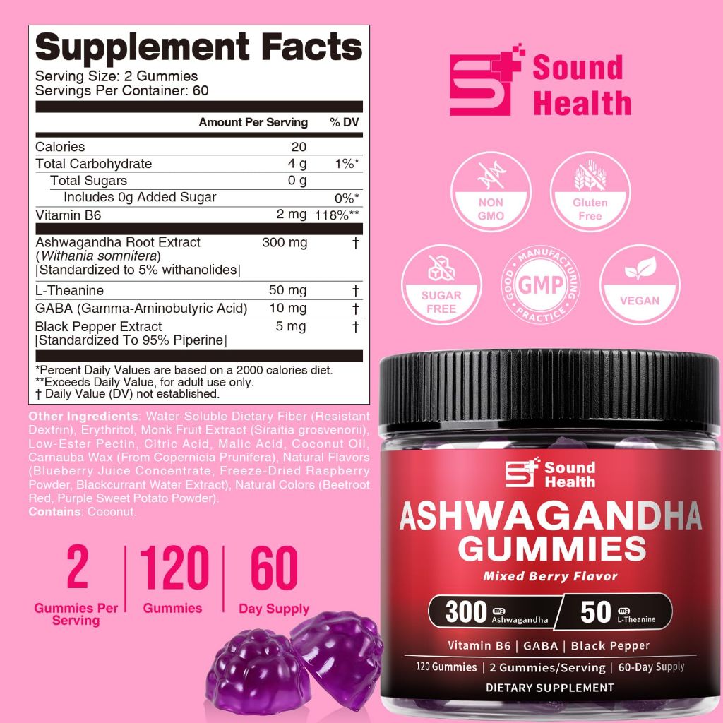 Sound Health Bloom Ashwagandha Gummies Black Pepper, Mixed Berry Flavor - 120 Count (60-Day Supply)