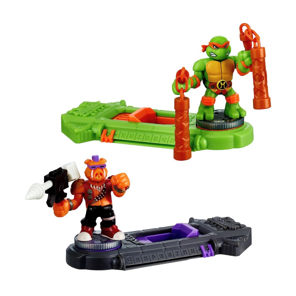 Legends of Akedo Teenage Mutant Ninja Turtles. Mini Battling Warriors Versus Pack Michelangelo Vs Bebop With 2 Figures, 1 Instruction Manual, 2 Trigger Controllers
