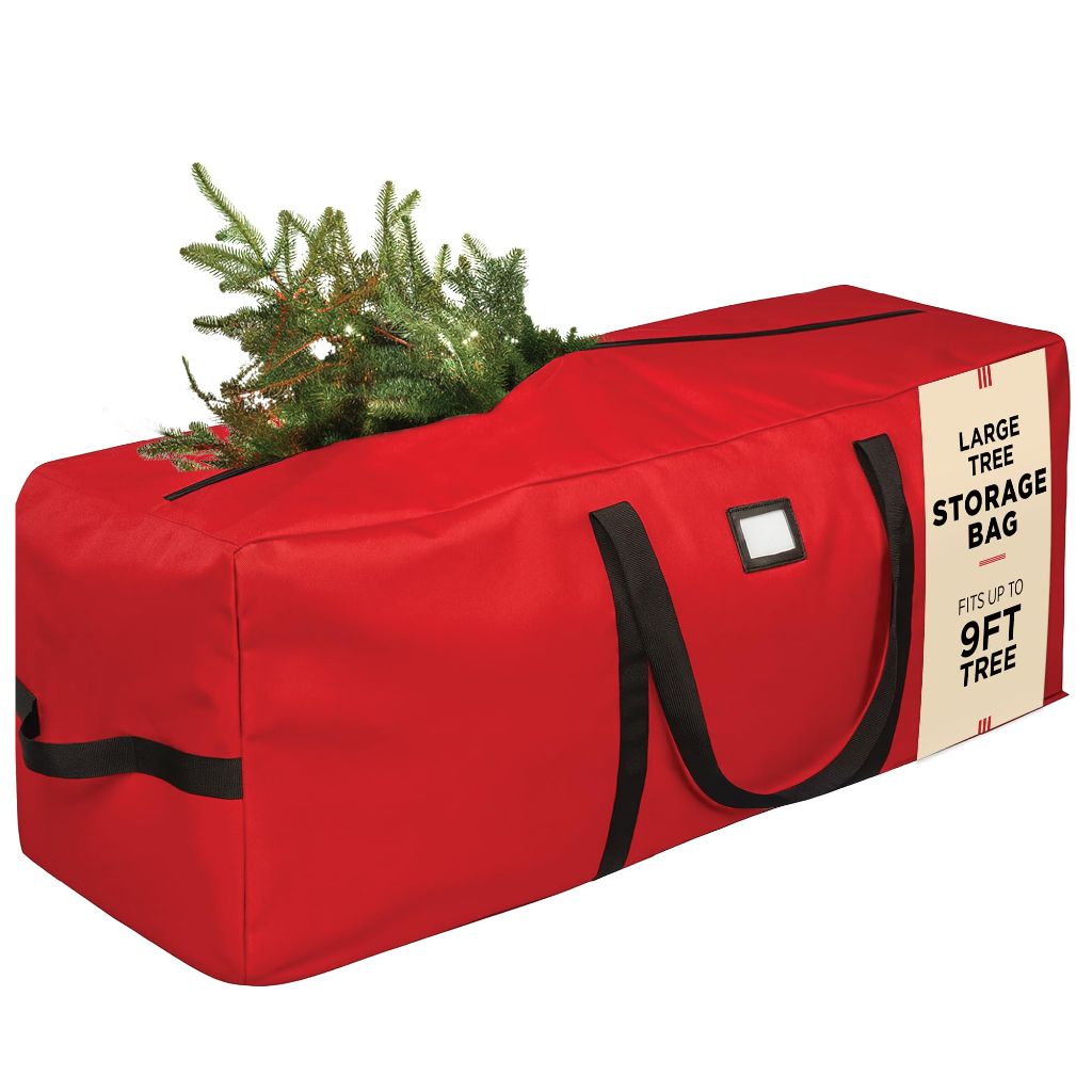 PEULEX 9 Foot Christmas Tree Storage Bag, Extra Large Artificial Tree Storage Container, Tree Holder Bag, Wear-Resistant 600D Oxford Fabric, Lightweight, Reinforced Thick Handles, Card Slot (Red)