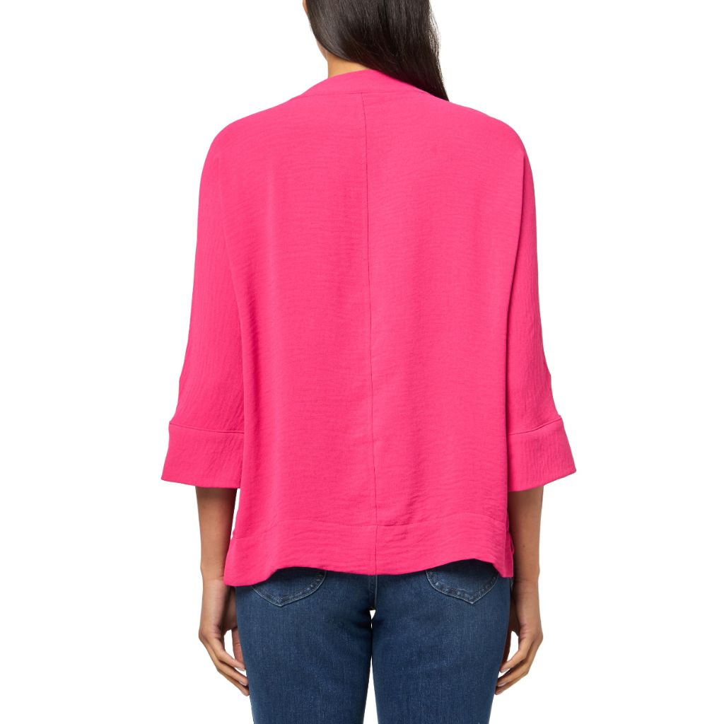 MULTIPLES,  Roll Tab Cuffed Dolman Sleeves Y-Neck Band Collar Top, ( Fuchsia XL)