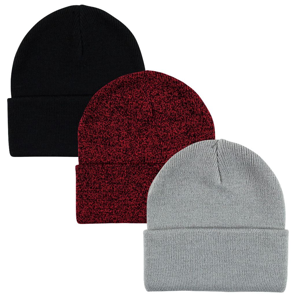Hudson Baby Unisex Baby Knit Cuffed Beanie 3pk, Heather Red Black, Infant Toddler