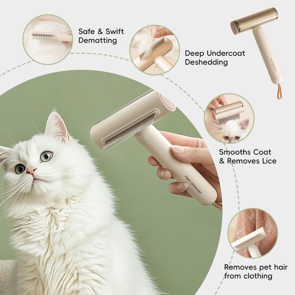3-in-1 Pet Grooming Brush for Dogs & Cats | Deshedding & Dematting Comb with Built-in Lint Roller (White)