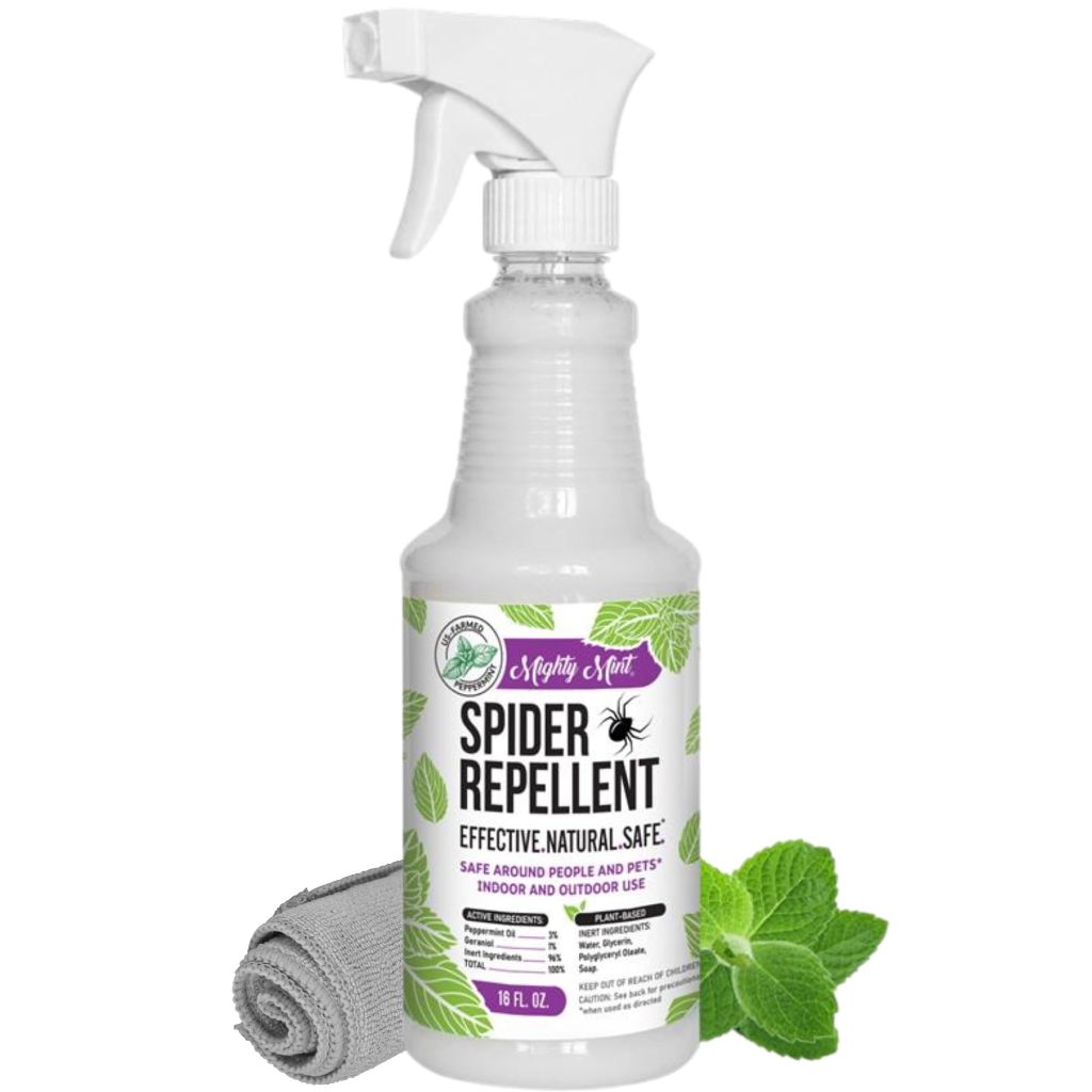 Mighty Mint Peppermint Oil Spider Repellent Spray with Microfiber Cloth – Indoor & Outdoor Bug Control for Spiders and Insects – Plant-Based, Extra-Strong Formula - 16 oz