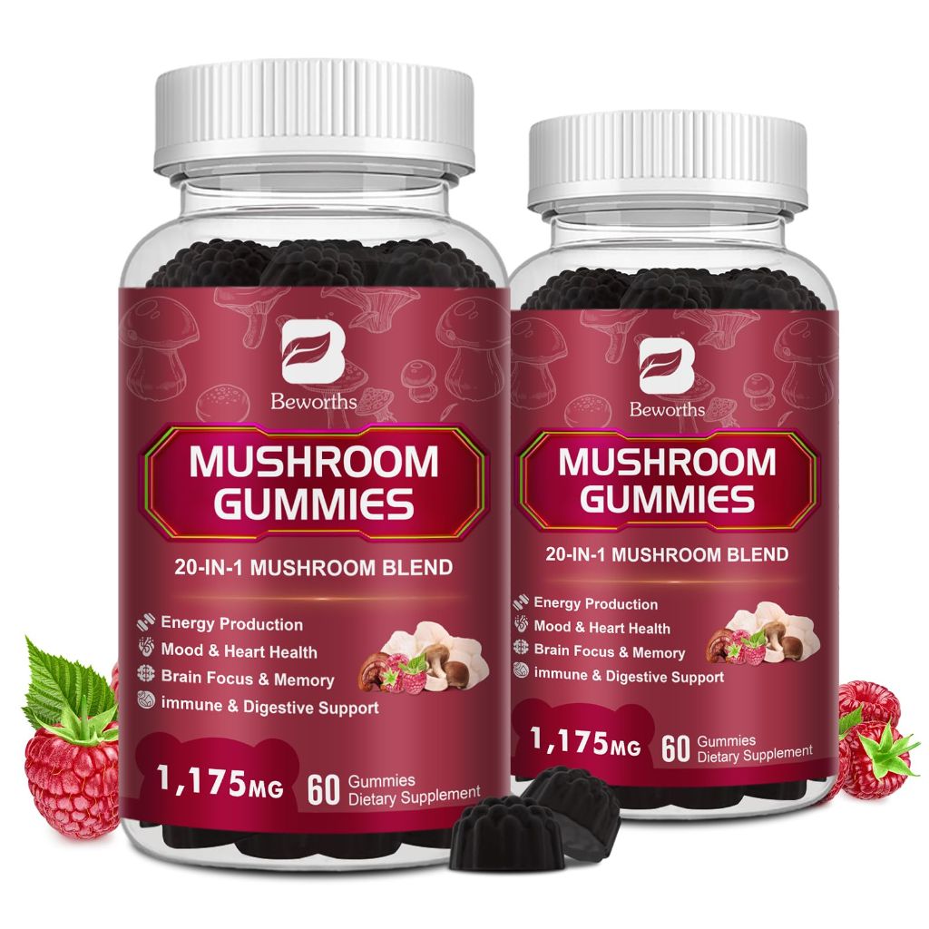 2 PACK Mushroom Gummies, 20 in 1 Lions Mane Mushroom Complex Supplement ,Raspberry Flavor, 120ct