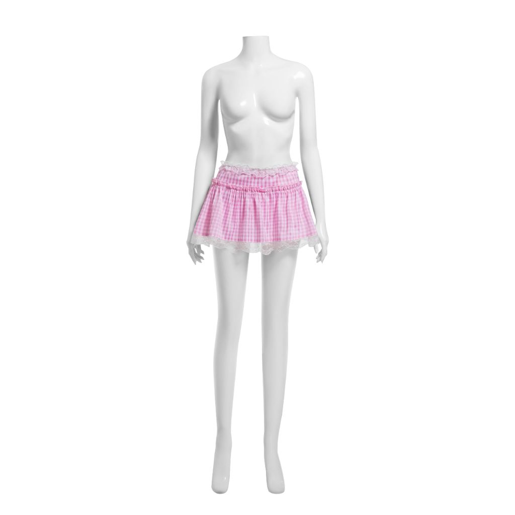 Burdorme Women's Ruffle Lace Trim Plaid Micro Skirt, Maid Lingerie Underwear, Pink, X-Large