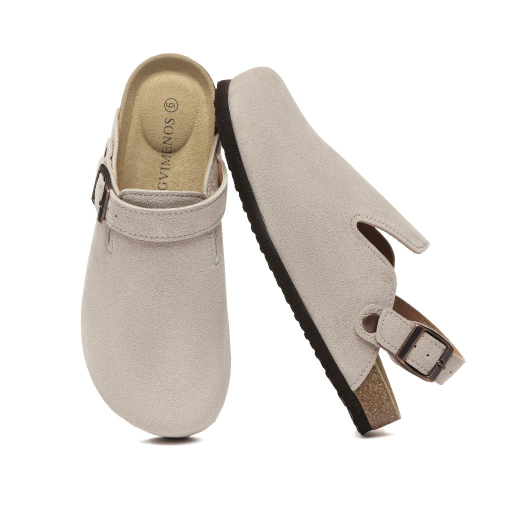 Gvimenos Women's Suede Clogs Adjustable Buckle Leather Mules Potato Shoes with Comfort Footbed, Stone 5