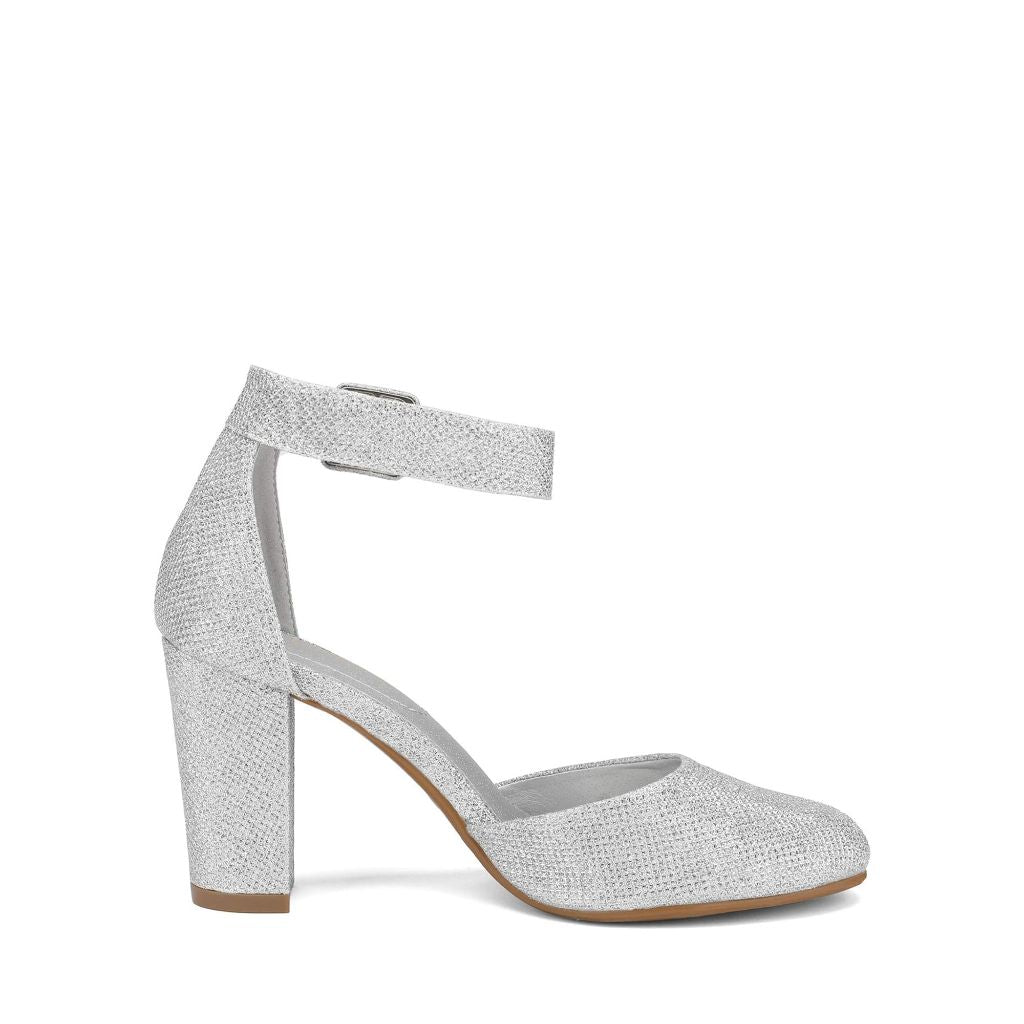 SZ 10, DREAM PAIRS - "Angela" Women's High Heel Ankle Strap Closed Toe Chunky Pumps Shoes | Silver/Glitter