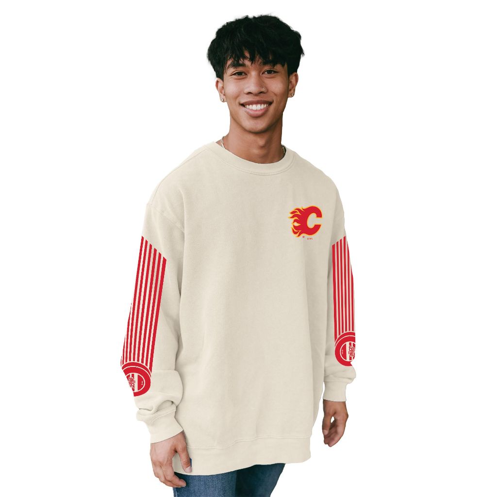 SZ L, Blue 84- Calgary Flames Crewneck Sweatshirt Ringspun Ivory Sleeveshot,