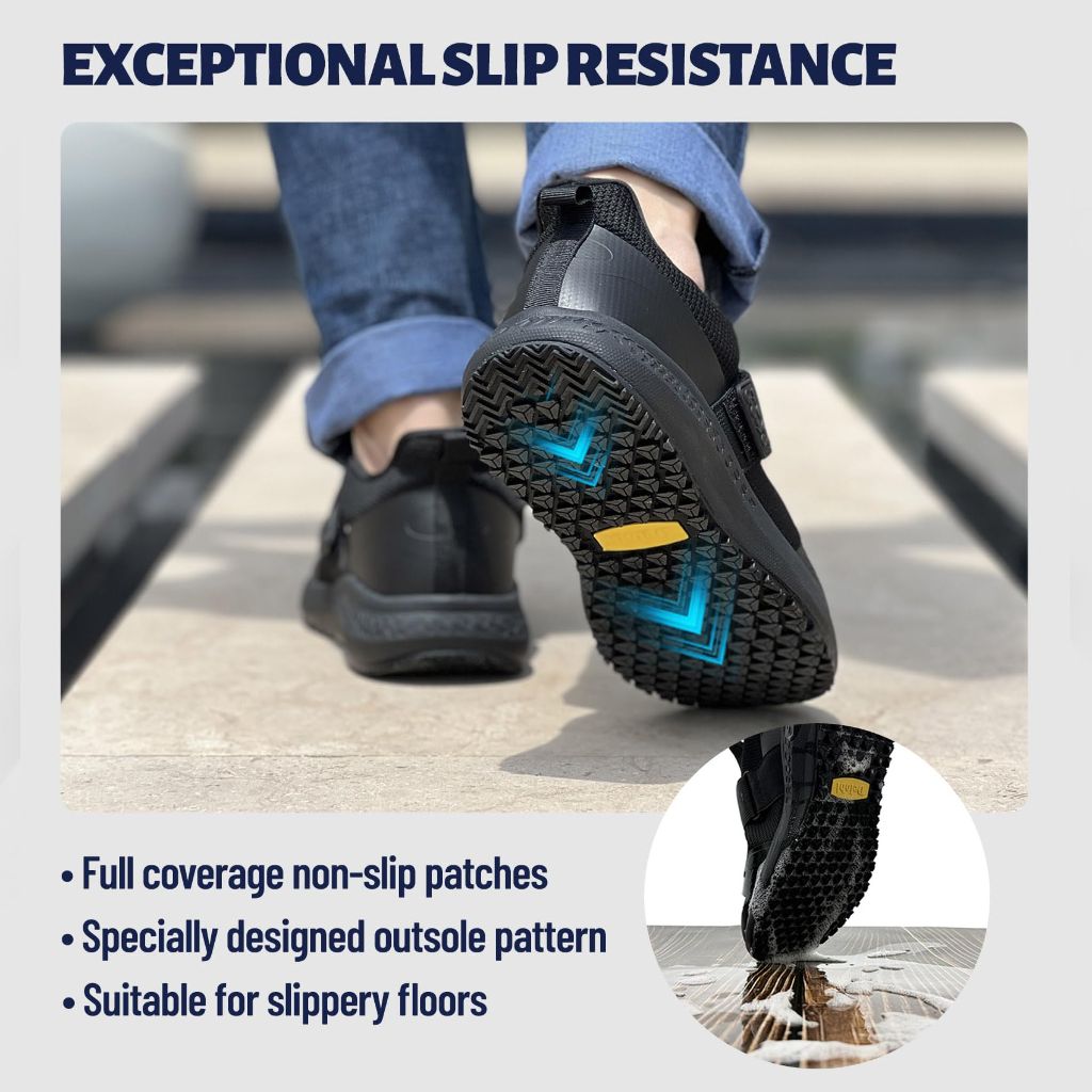 Delobi Men's Non-Slip Work Shoes - Slip Resistant Lightweight Sneakers for Restaurant, Kitchen, Hospital, Black, Size 9.5 Wide
