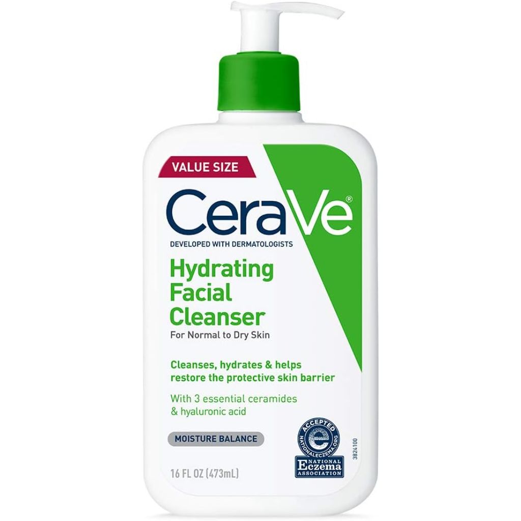 CeraVe Hydrating Facial Cleanser, Moisturizing Face Wash For Dry Skin, Hyaluronic Acid + Ceramides + Glycerin, Hydrating Cleanser For Normal To Dry Skin, National Eczema Association Certified