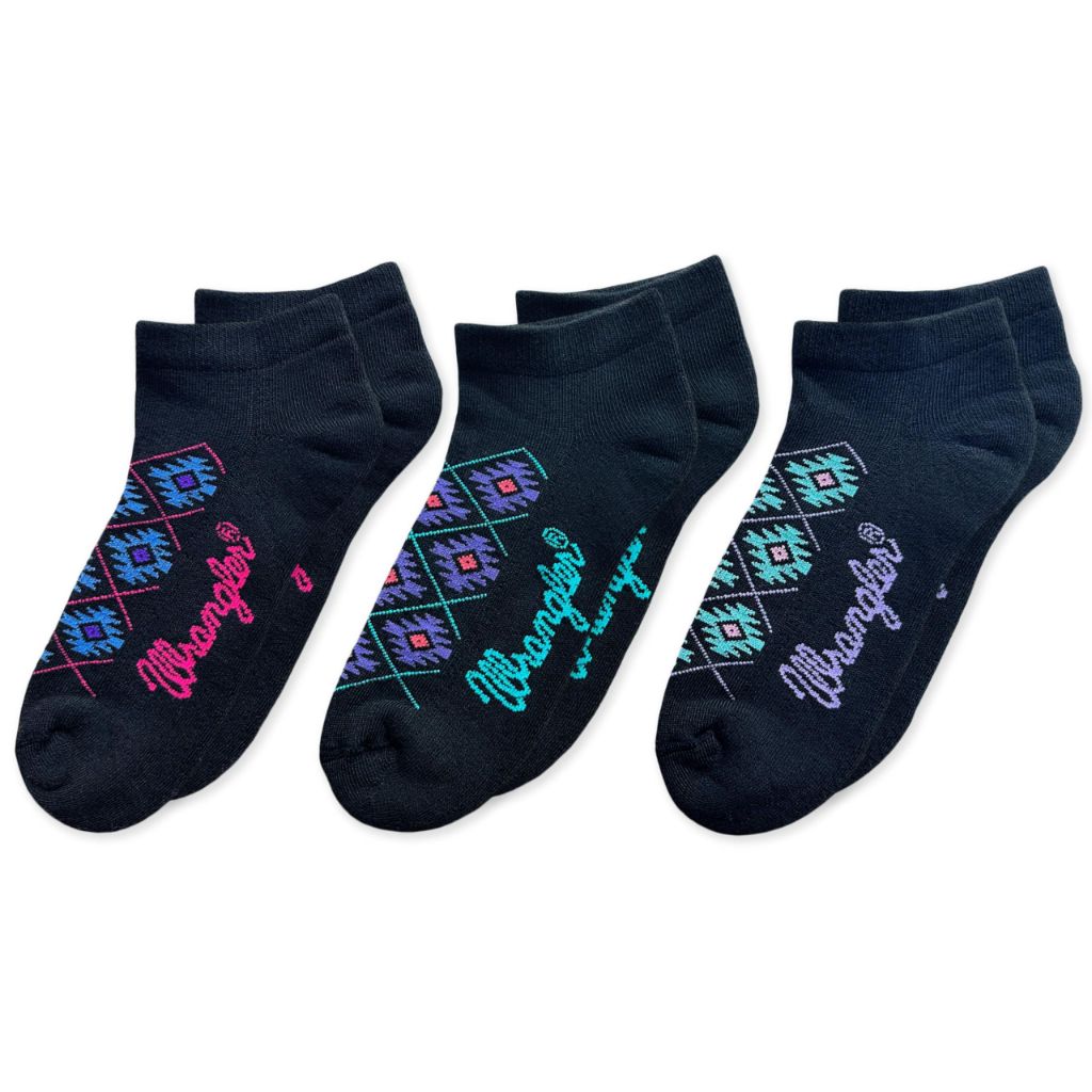 Wrangler Women's Western Floral Pattern Seamless Cushion Sport Low Cut Socks 3 Pair Pack, Black/Multi, Medium