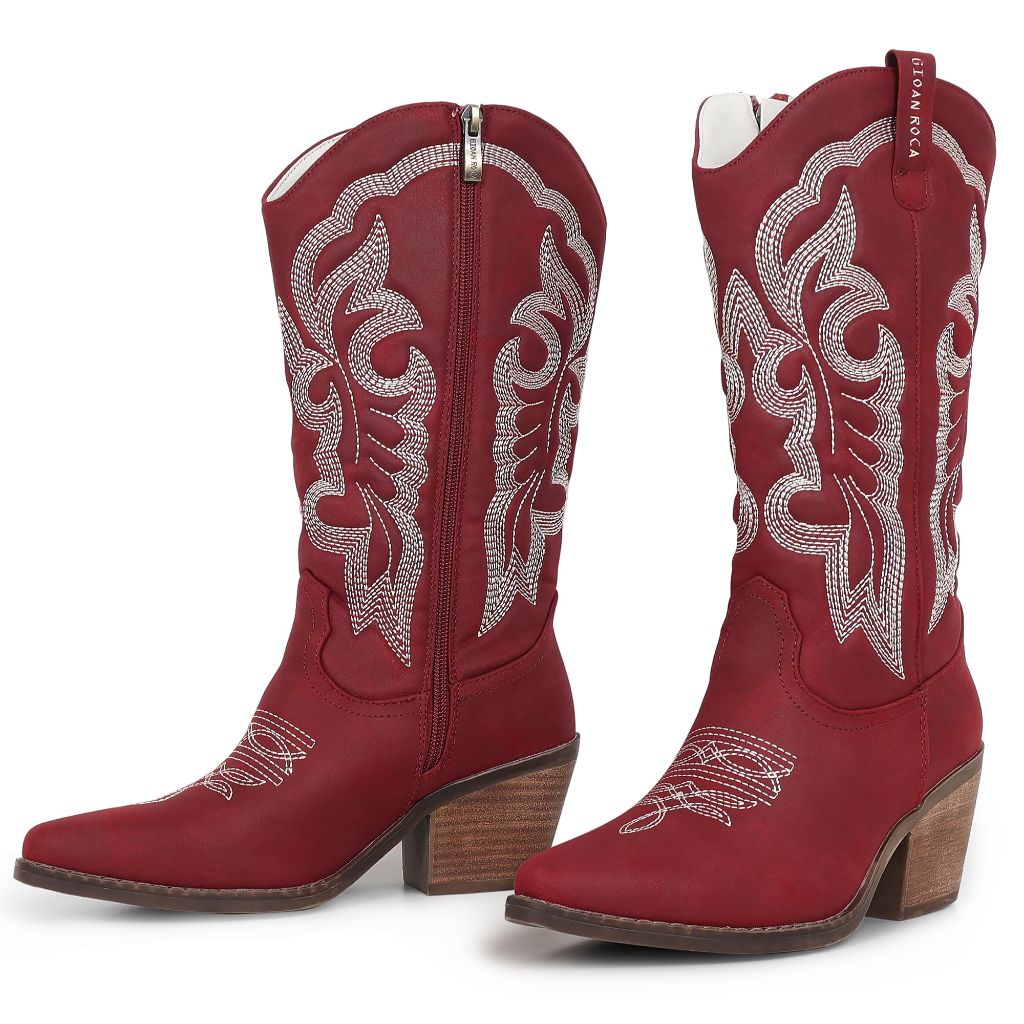 SZ 10, Gioanroca Women's Cowboy Boots Mid Calf Embroidered Stitched Cowgirl Boots | Red