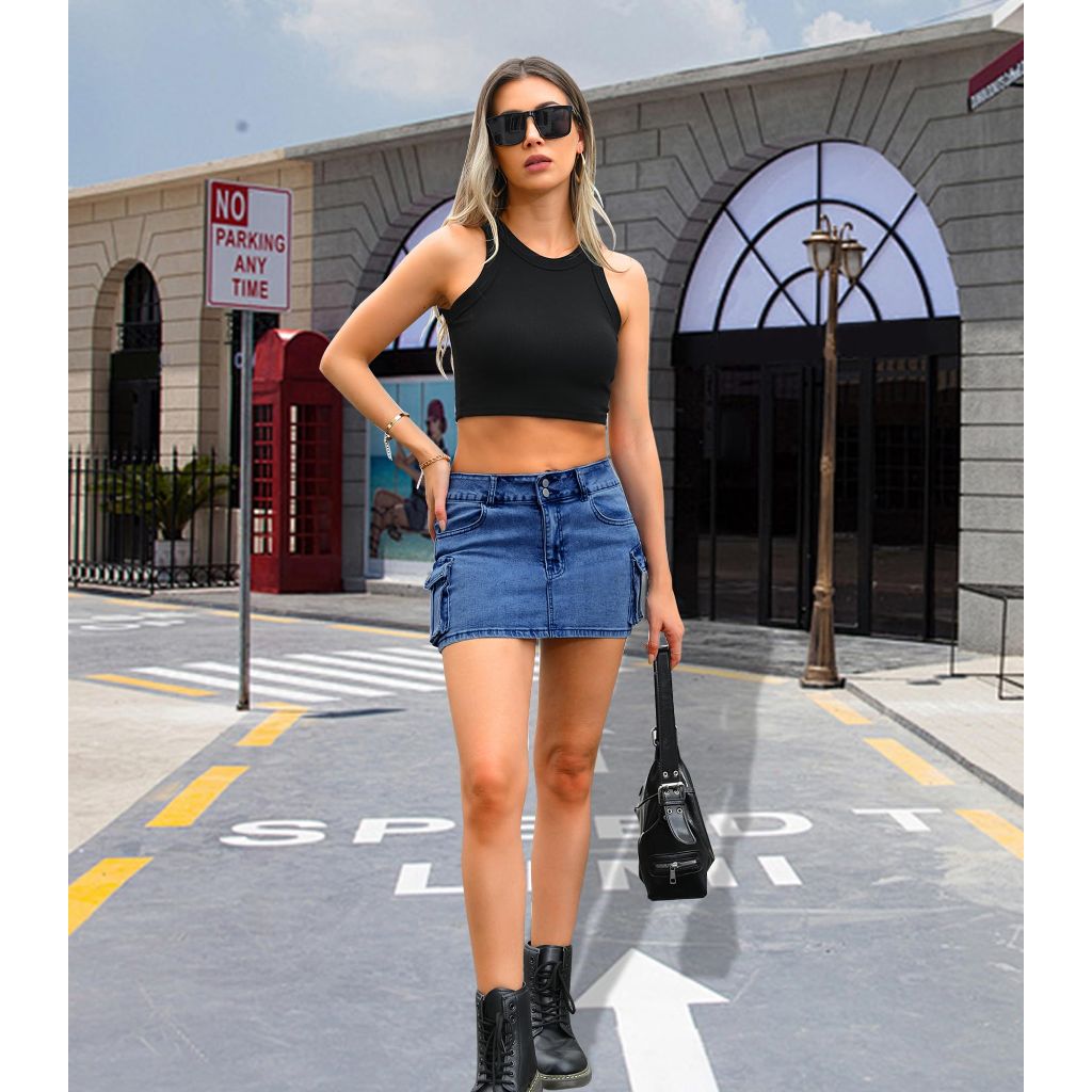 Womens Cargo Skirt Y2k Low Waist Button Bodycon Mini Skirt with Flap Pockets - size L
