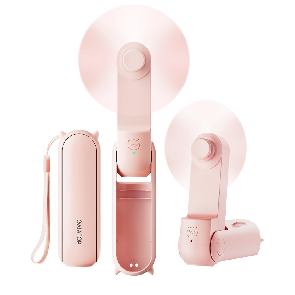 GAIATOP Portable Handheld Fan, 3 IN 1 Mini Foldable Travel Fans [17H Max Cooling Time] with Power Bank, Pink