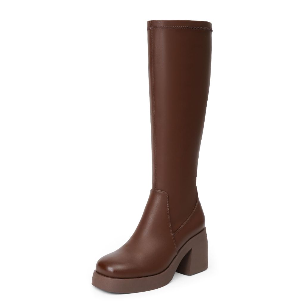 Easyfox Brown Platform Tall Boots Stretchy Knee High Boots Women Square Toe Long Brown Elastic Boots Chunky Heel Brown Boots for Women Size 9.5