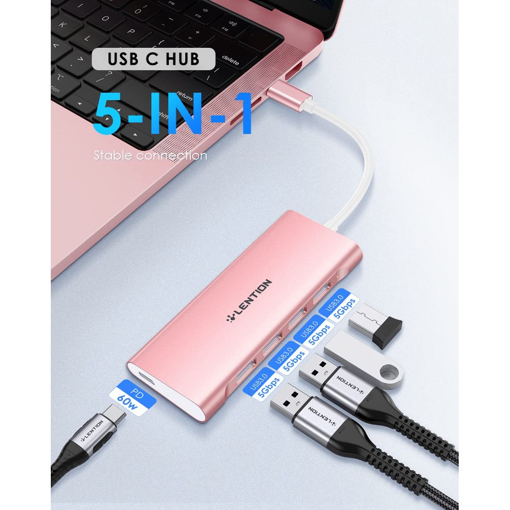 Lention USB C Hub, 5-in-1 USB 3.0 Hub, USB Splitter for Laptop, USB Multiport Adapater Type C Charging Port Compatible with 2025-2016 MacBook Pro/Air, 2026 MacBook Neo, Mac mini, Surface, More(Silver)