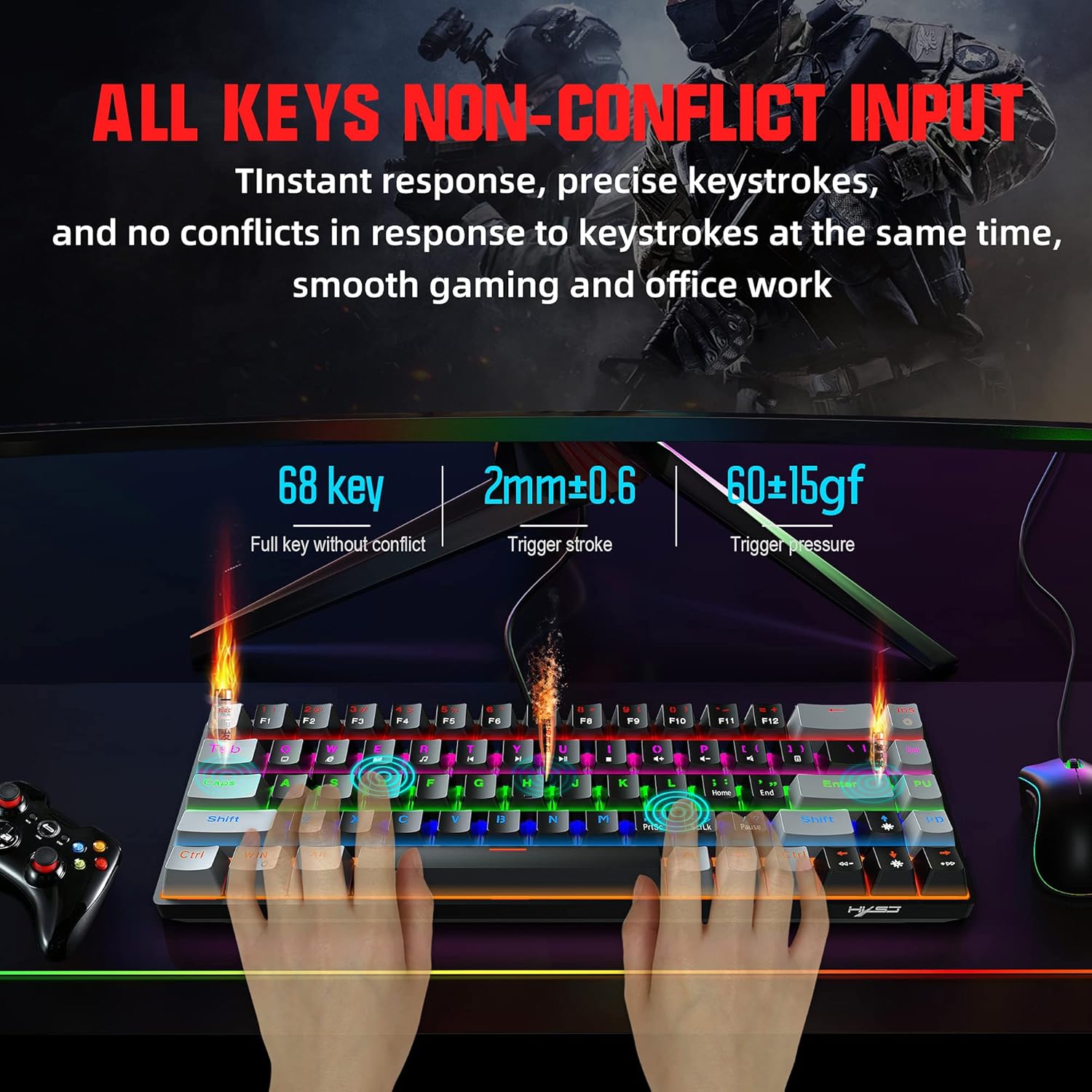 68 Key Mechanical Keyboard, Wired Gaming Keyboard with 20 RGB LED Lighting Effects, Blue Shaft, Ultra-Compact 68-Key Keyboard for PC/Mac Gamer, Typist, Travel, Easy to Carry on Business Trip