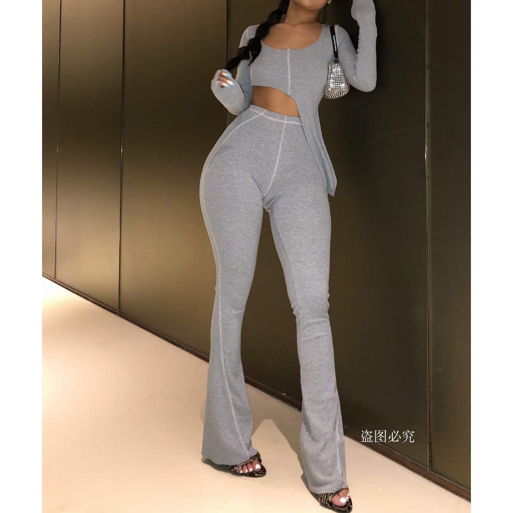 XLLAIS Women Fall Winter Rib Knit Pullover Sweater Top Long Flare Pants Set 2 Piece Outfits Sweatsuits Tracksuit Grey M