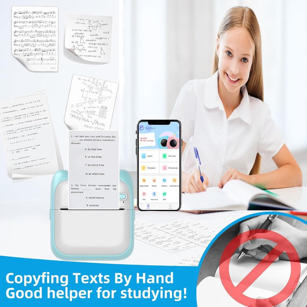 Thermal Mini Printer, Portable Inkless Sticker Maker with 11 Rolls Printing Paper, for Photo Journal Notes Memo, Compatible with iOS & Android