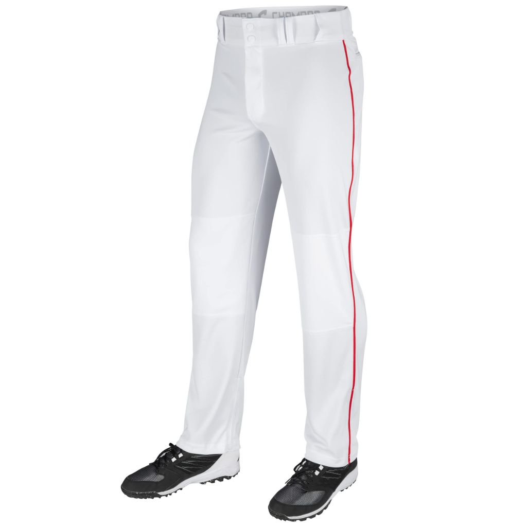 SZ XL, Champro Sports Adult Triple Crown Open Bottom Pants, White, Scarlet Piping