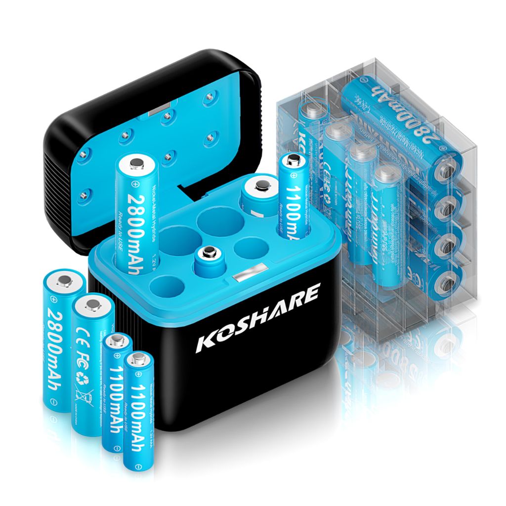 KOSHARE Rechargeable AA AAA Batteries with Charger,16Pcs Type-C and 8 Slot Charger
