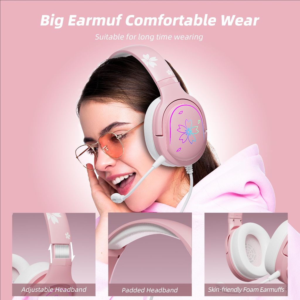Mytrix Cherry Blossoms Wired Gaming Headset, 360° Rotation Mic, Soft Earmuff Gaming Headphones for PS4, PS5, PC & MAC, Switch, RGB Gradient Light Effect