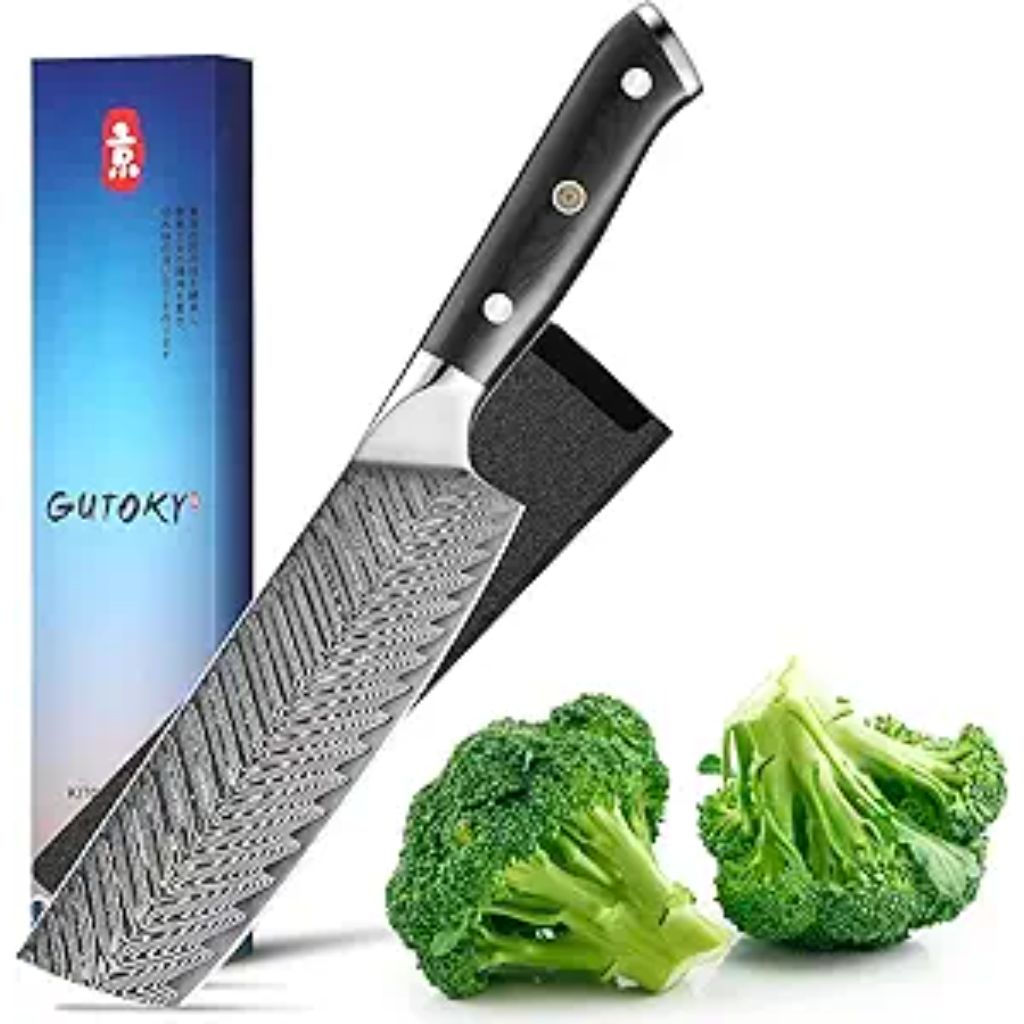 Gutoky Knife, Damascus Steel knife with Feather Pattern Blade, Full Tang G10 Handle, Japanese Professional Vegetable Knife