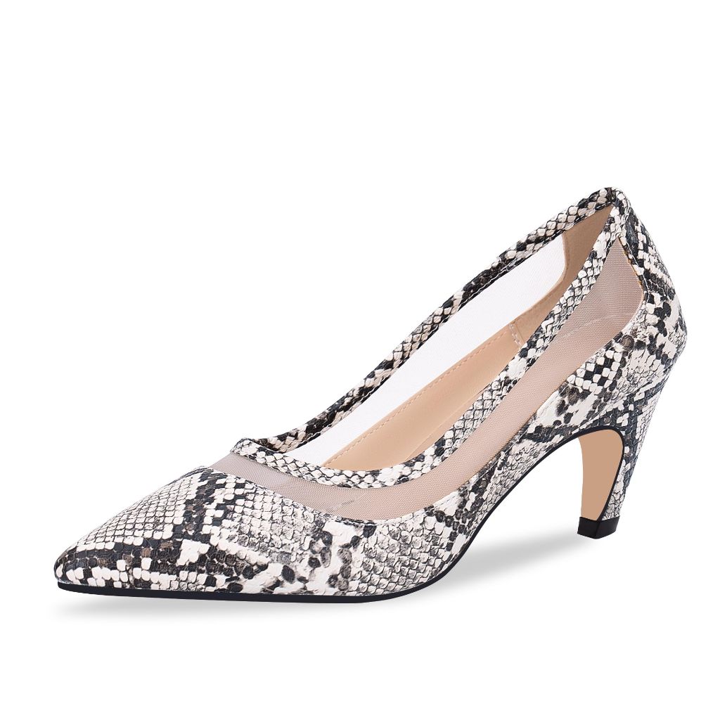 Women's Pointed Toe Mid Heel Pumps Snakeskin Print Mesh Slip On Dress Shoes (Taupe Snake Print,10)