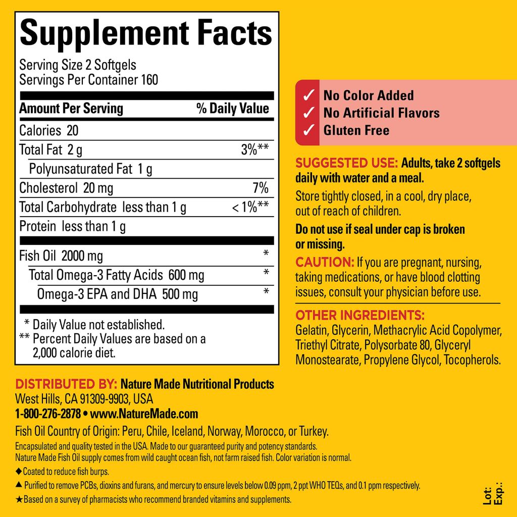 Nature Made Burp Less Fish Oil Omega 3 Supplements,  Omega 3 Fish Oil Supplements 320 Softgels