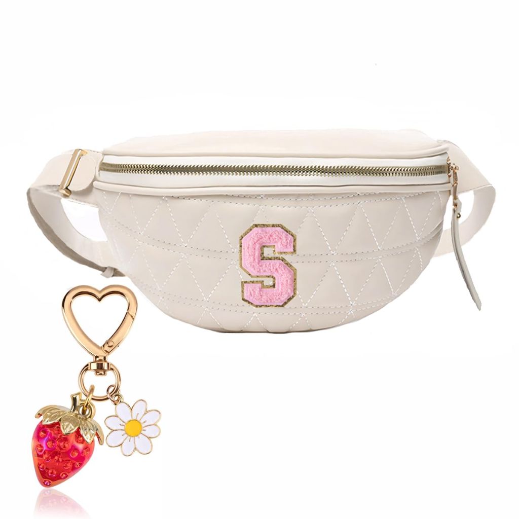 Initial Fanny Pack for Women - Beige Leather Belt Bag with Strawberry Keychain Charm