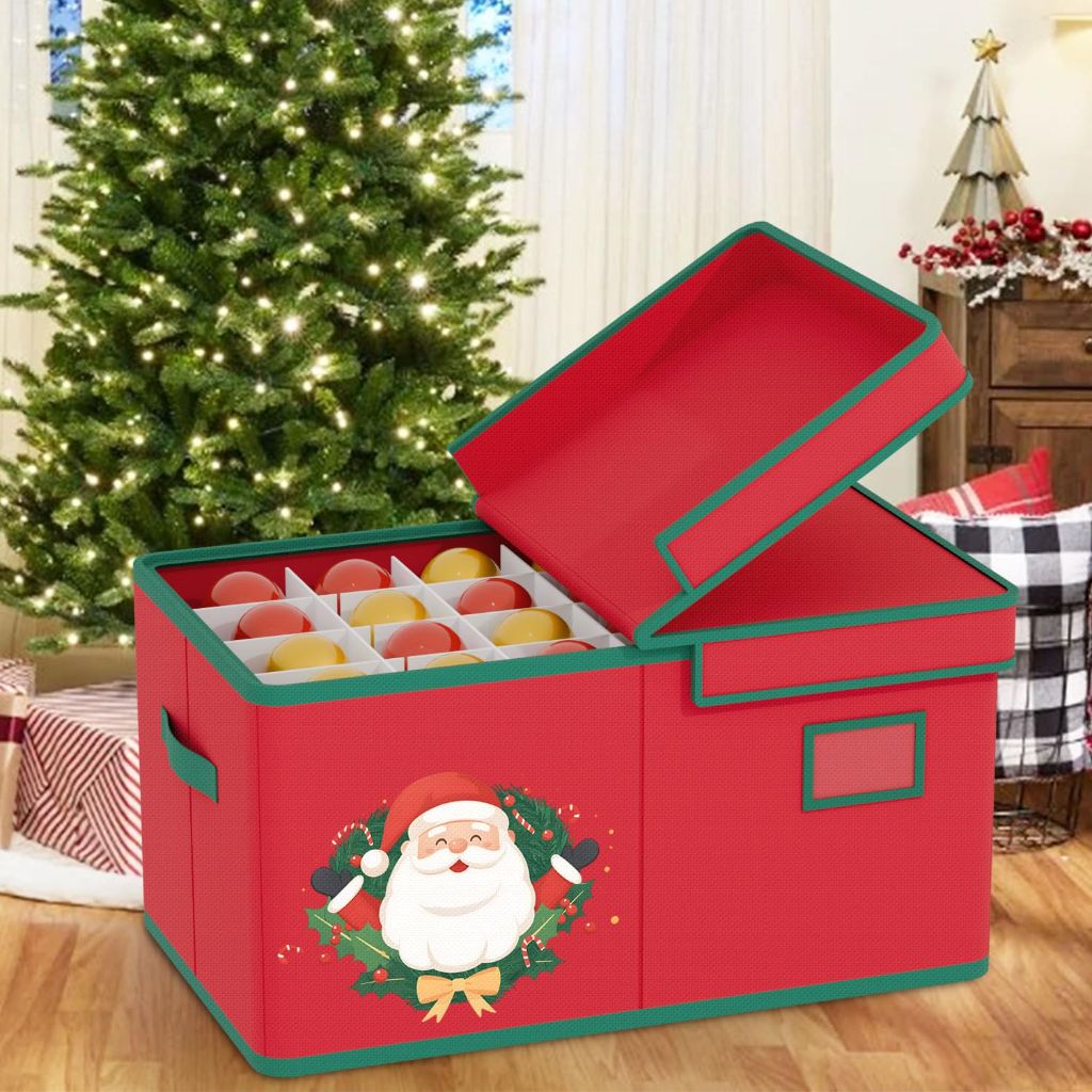 ROMANKAS Christmas Ornament Organizer Storage Box with Adjustable Divider, Fits 72 3" Ornaments