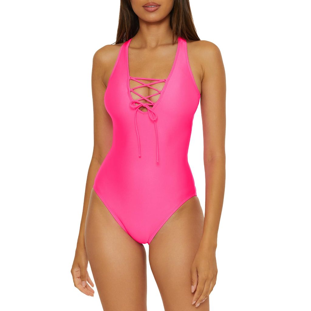 BCA By Rebecca Virtue Jemma, Women's Lace Up One-Piece Swimsuit, Neon Pink - size M