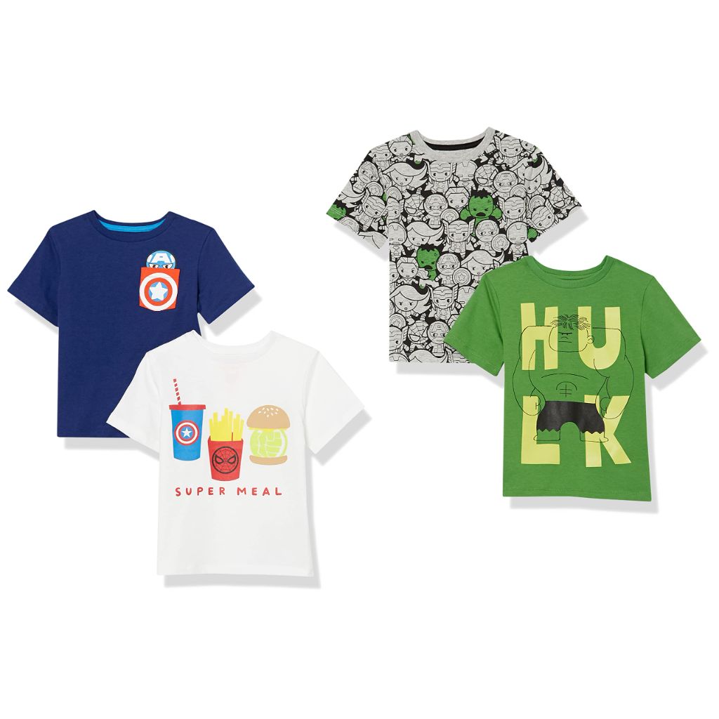 Amazon Essentials Marvel Boys' Short-Sleeve T-Shirts, Pack of 4, Marvel Hulk, Large