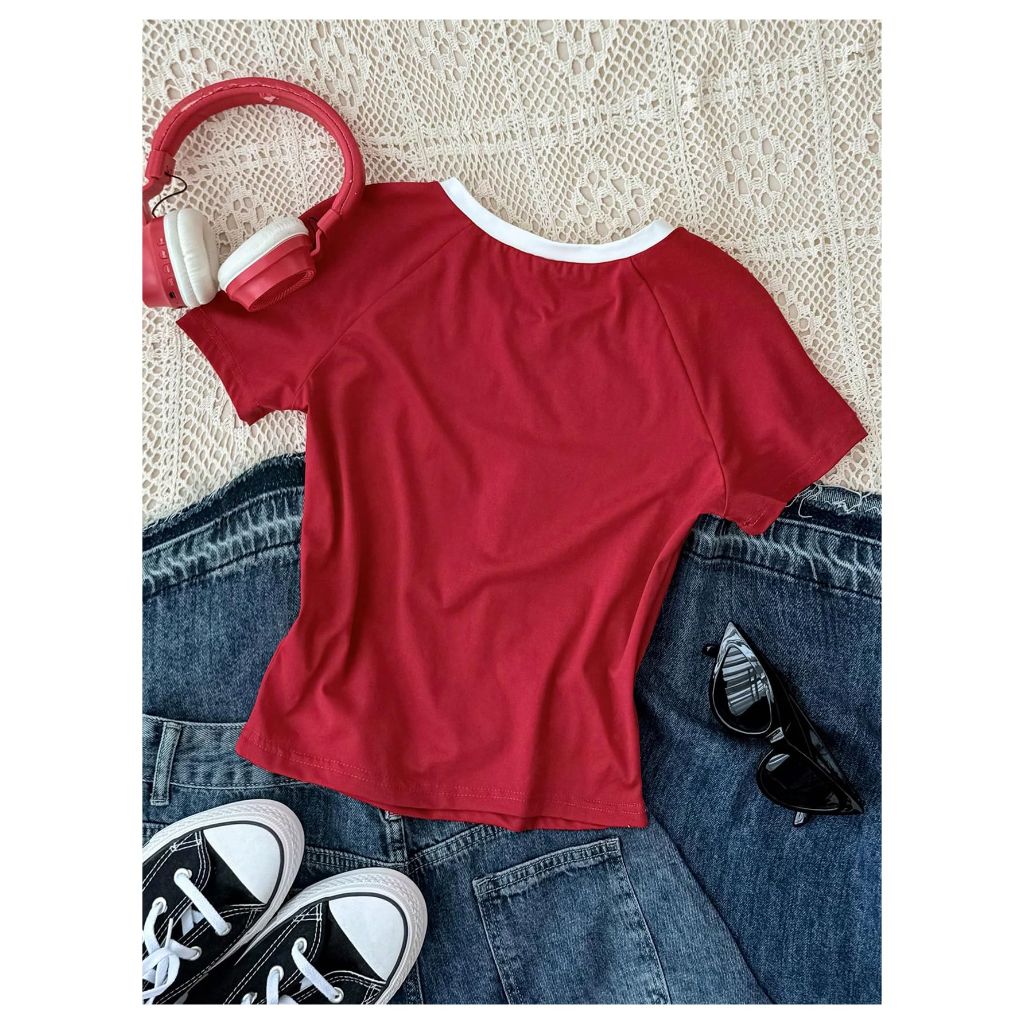 RoseSeek Girl's Graphic Tees Striped Short Sleeve Cropped Tshirts Crew Neck Summer Tops Streetwear Burgundy 10Y