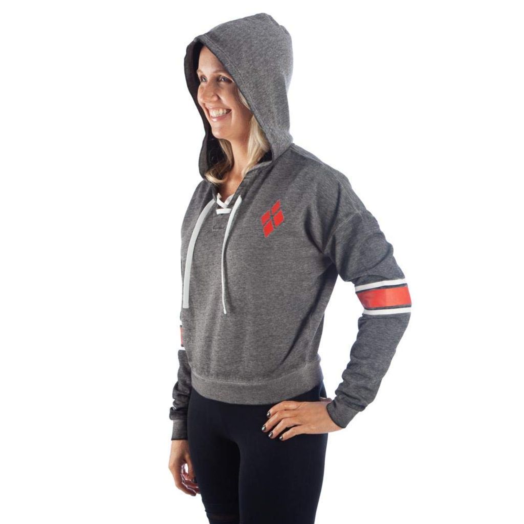 SZ M, Bioworld Suicide Squad Harley Quinn Junior's Cropped Lightweight Hoodie | Black