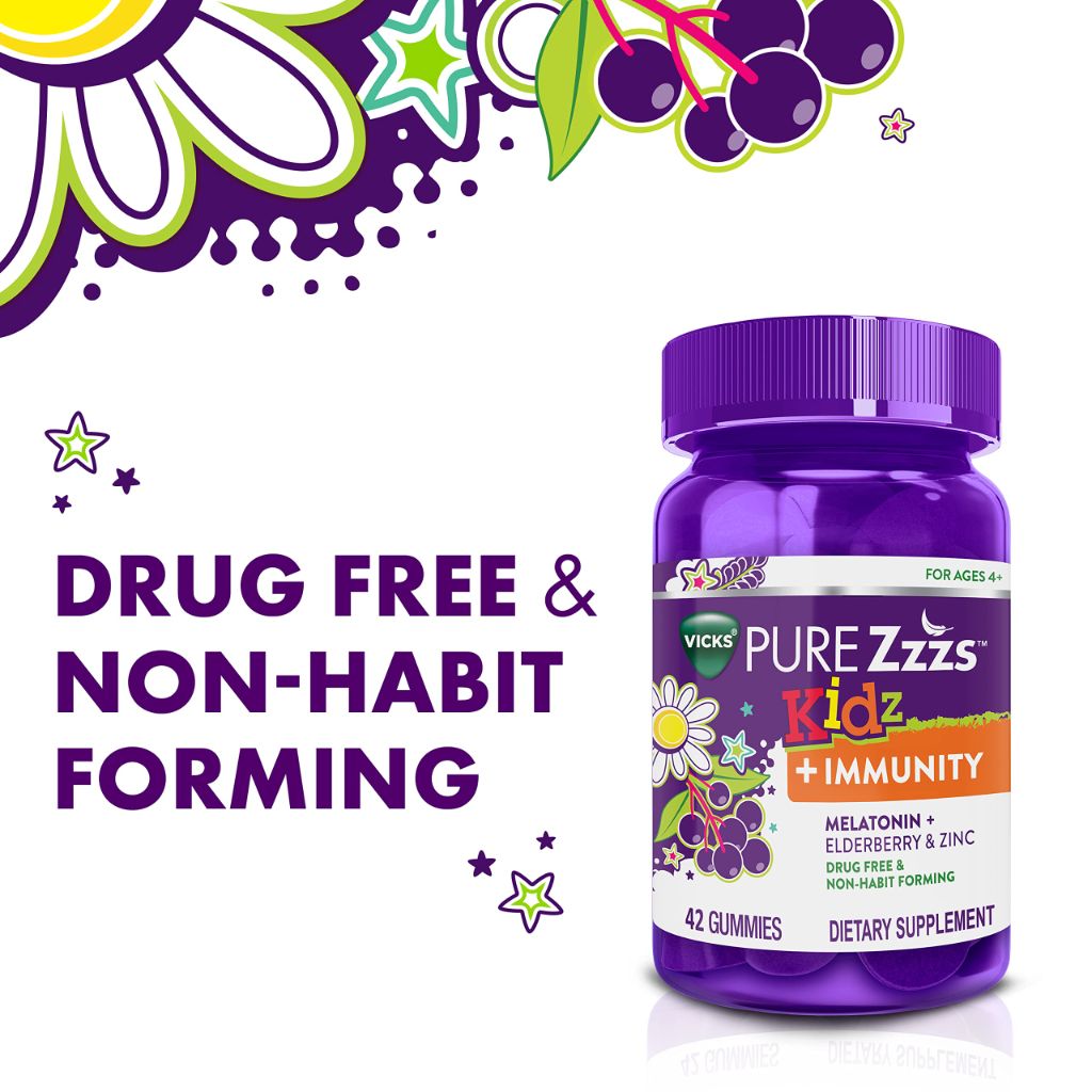 Pure Zzzs Kidz + Immunity by Vicks, Melatonin Sleep Aid Gummies for Kids and Children | Berry Flavored, 42 Gummies