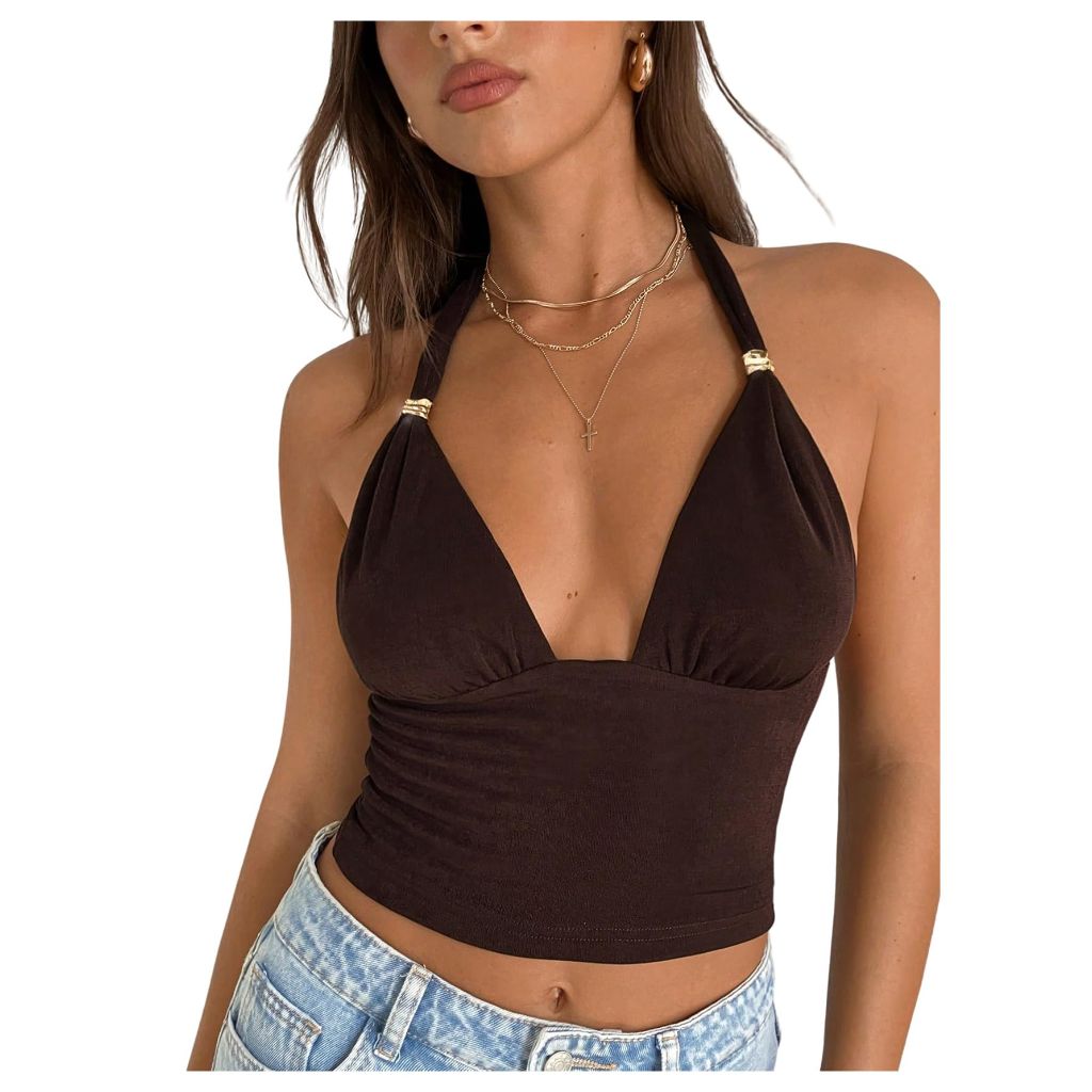 SOLY HUX Women's Deep V Neck Halter Crop Top, Coffee Brown, Medium