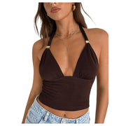 SOLY HUX Women's Deep V Neck Halter Crop Top, Coffee Brown, Medium