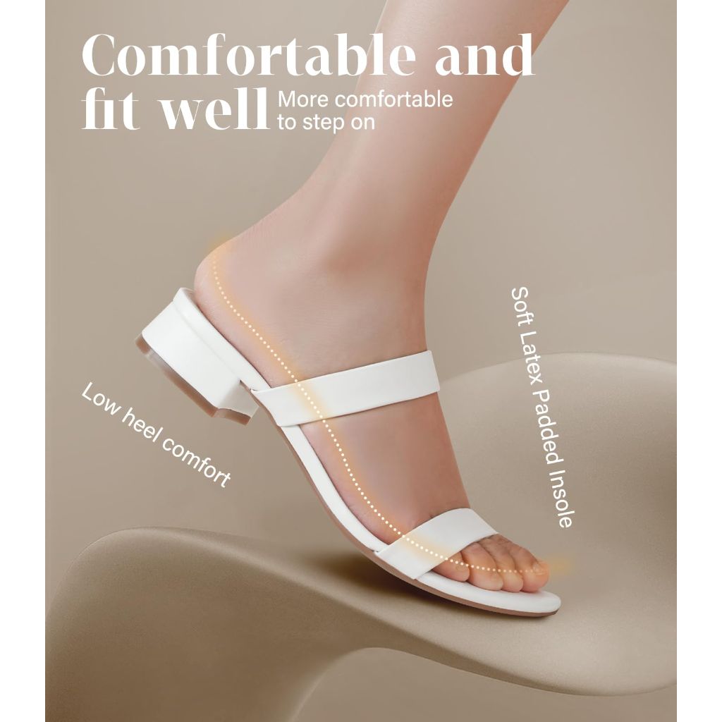 Ankis Women White Heels Sandals - White Sandals 1 Inch Heels for Women Low Chunky Block Heels Comfortable Two Strap Open Toe Flat Sandals Shoe for Dressy Wedding Summer