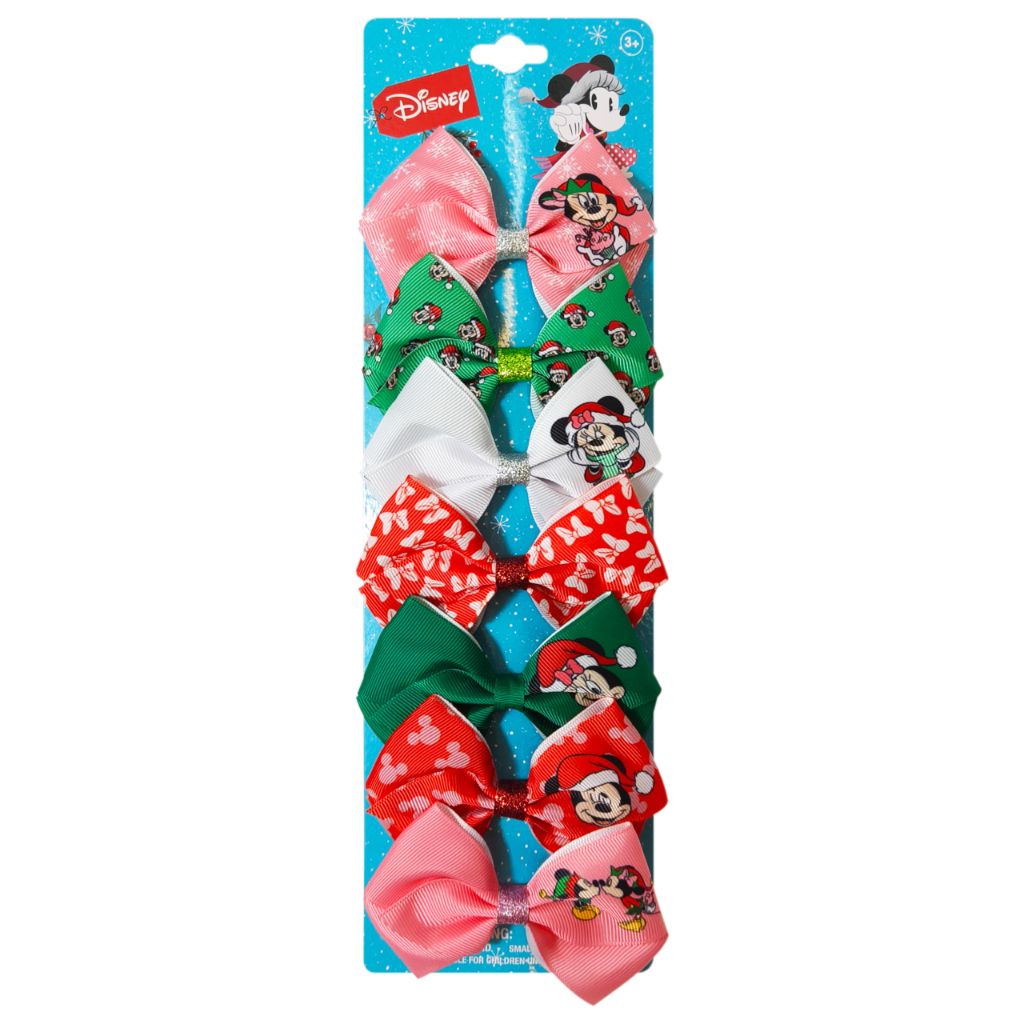 Luv Her Disney Licensed Girls Hair Bows - 7 Pcs 4 Inch Bundle - Disney Christmas featuring Minnie and Mickey - Ages 3+