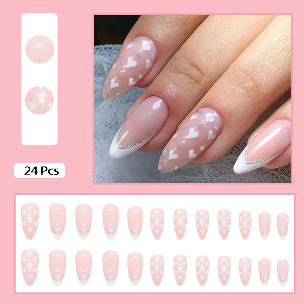 White Heart Press on Nails, French Tip, Nude, Manicure Art