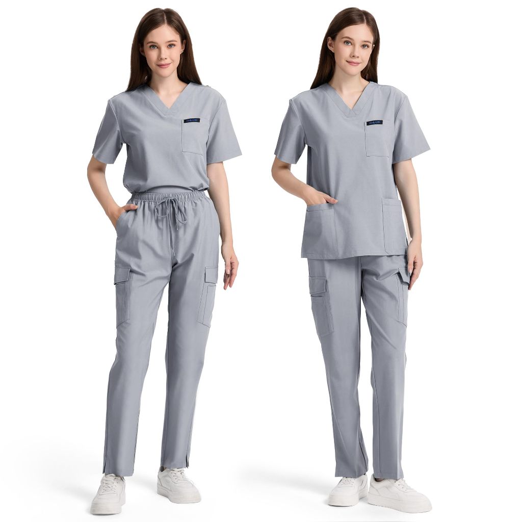 KAILAND Scrubs for Women Stretch V-Neck Scrub Top & Straight Leg Pants Medical Uniform (Grey L)
