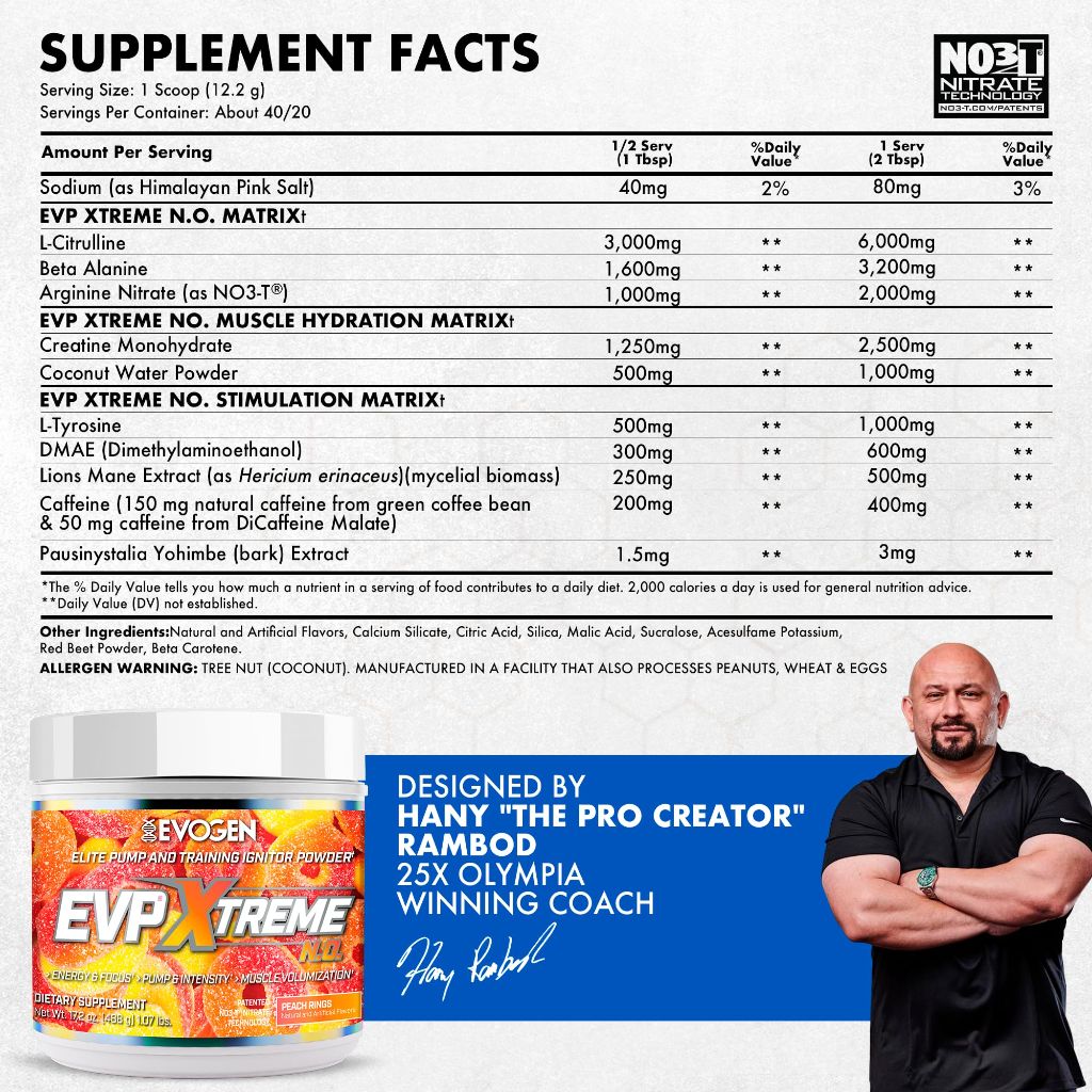 Evogen EVP Xtreme NO - Pre Workout Powder for Men & Women | Sugar Free Preworkout  Peach Rings 17.2oz