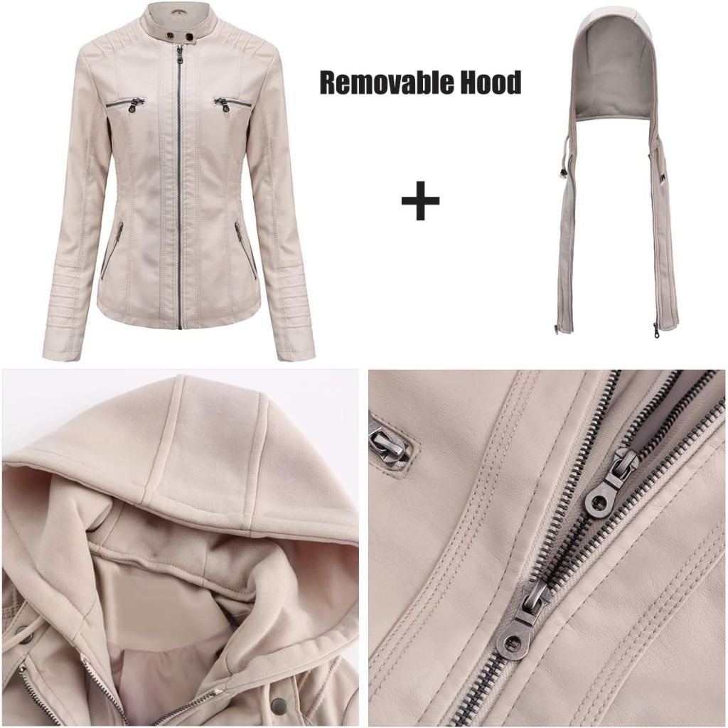 Tagoo Women's Faux Leather Jacket Motorcycle Coat with Removable Hood 4XL