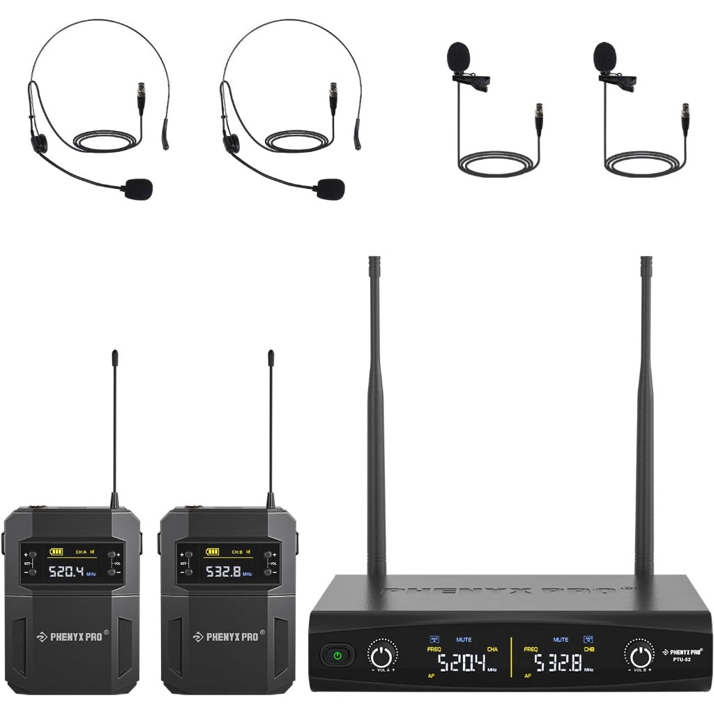 Phenyx Pro UHF Wireless Microphone System w/ 2x30 Tunable Frequencies, Metal Cordless Mic Set, 200 ft Range, 2 Bodypacks & Headsets/Lapel Mics for Speaking, Singing, Church, DJ (PTU-52-2B)