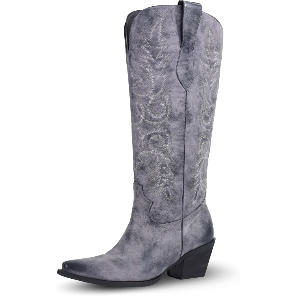 Purple Wide Claf Cowboy Boots for Women, Knee High Cowgirl Boots with Pointed Toe Chunky Heel Embroidery Western Boots Tall Long Boots Size 7
