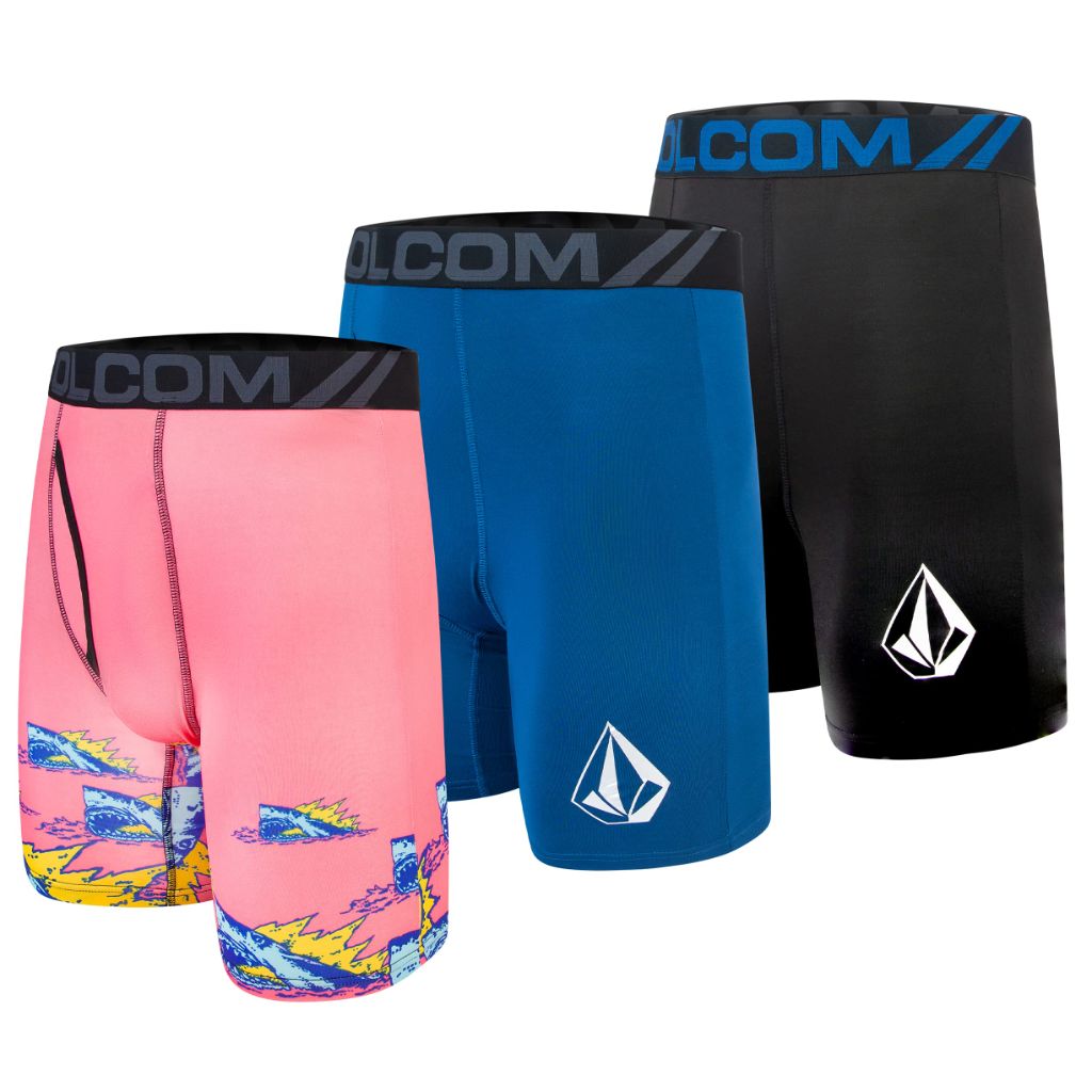 SZ M, Volcom Mens Boxer Briefs 3 Pack Poly Spandex Performance Boxer Briefs Underwear (Pink/Black/Blue)