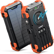 Portable Wireless Solar Charger Power Bank, 36000mAh with USB-C In/Output, 15W Fast Charging External Battery Pack (Black-Orange)